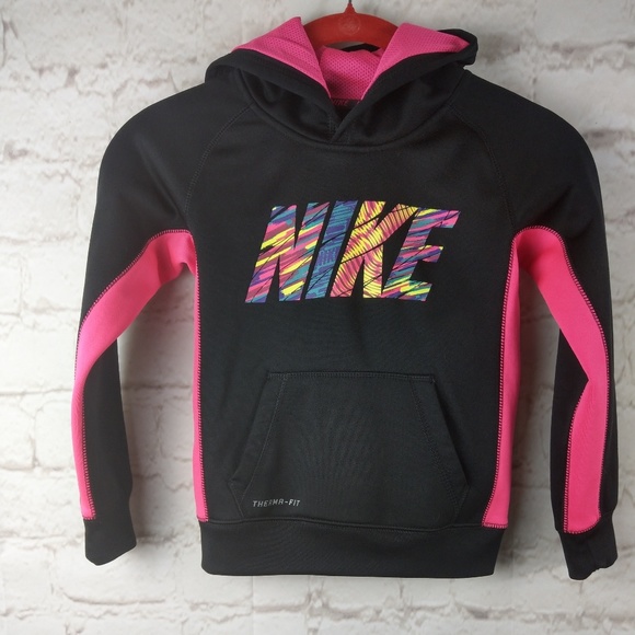 Girls Nike Therma Pullover Hoodie Neon Pink Iridescent Logo Dri-Fit New